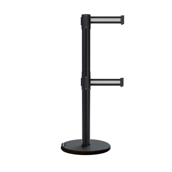 Montour Line Retractable Belt Dbl Roller Stanchion, 2.5ft Black Post  11ft. Bk/W Hs ME630D-BK-BWH-110